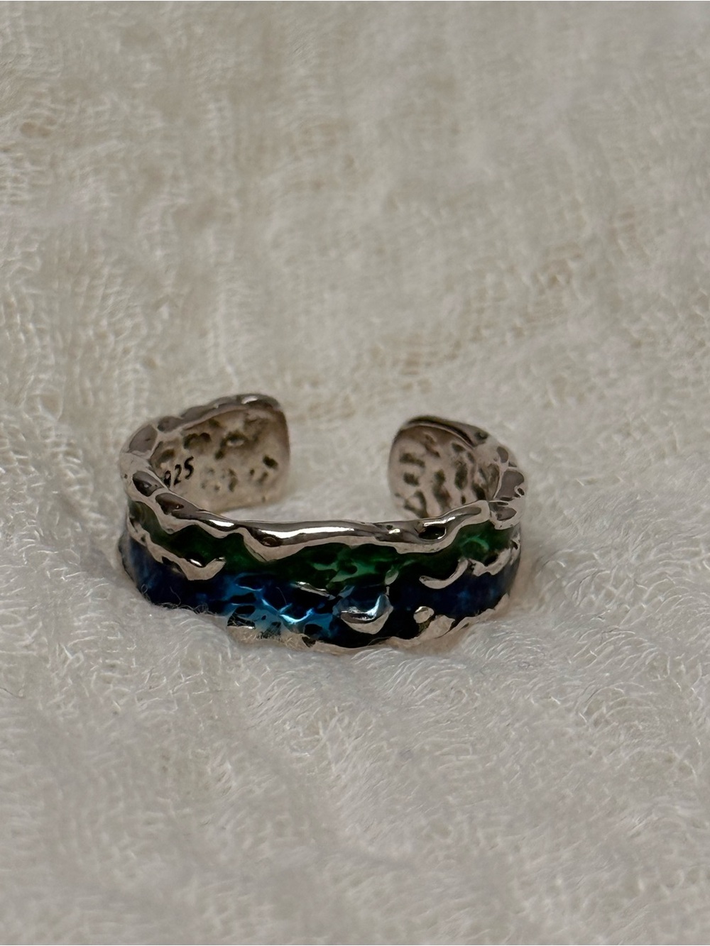 925 Sterling Silver Open Ring with Blue and Green Enamel, Size 7